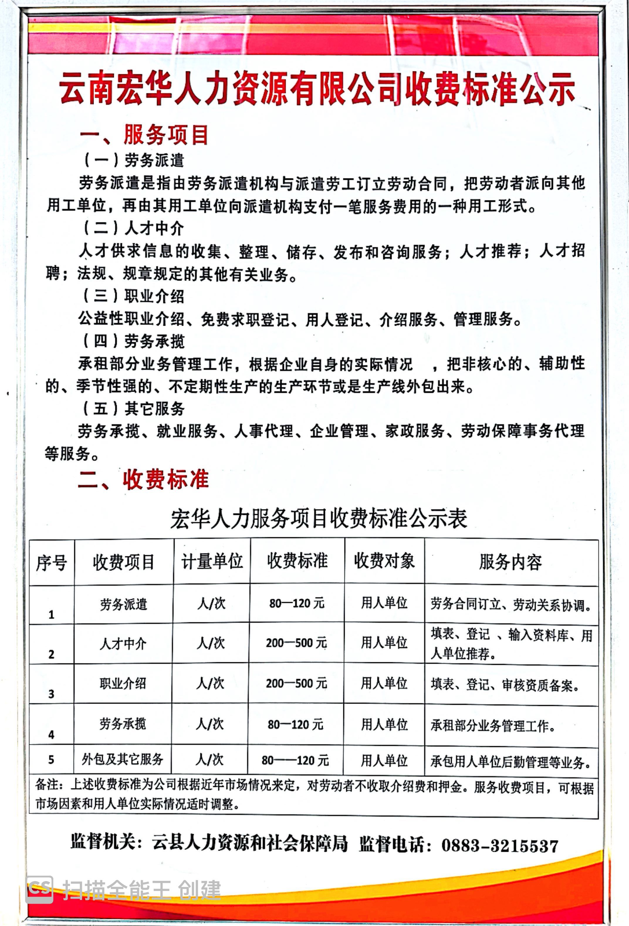 云南宏华人力资源有限公司收费标准公示 云南宏华人力资源有限公司收费标准公示